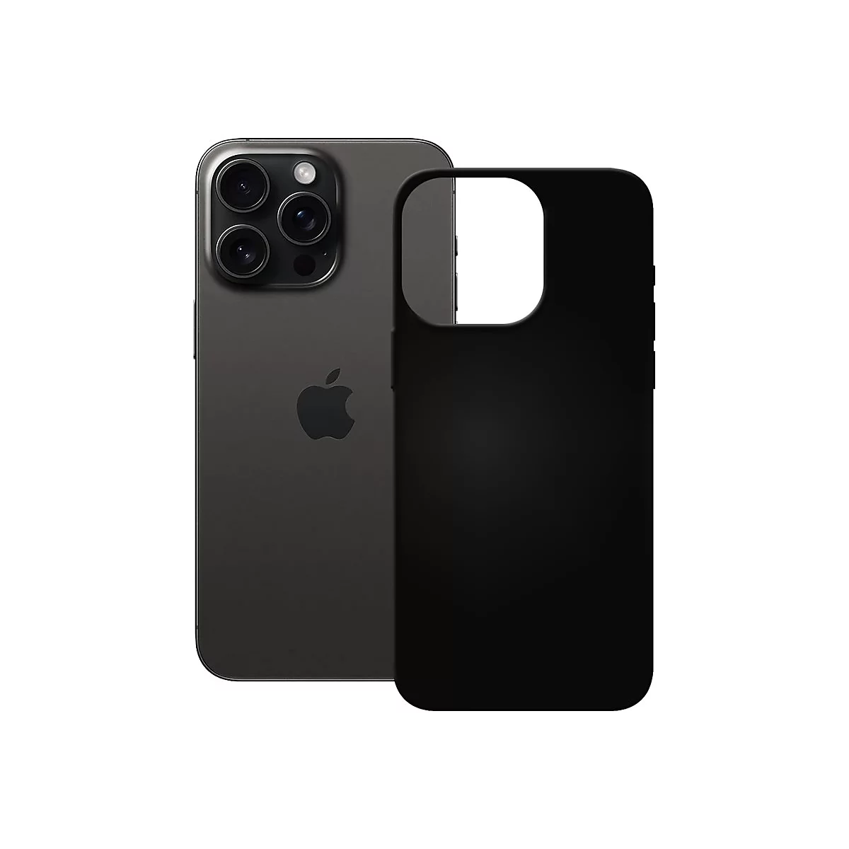 Dunkelgraues iPhone mit drei Kameralinsen und daneben eine schwarze, matte Handyhülle.