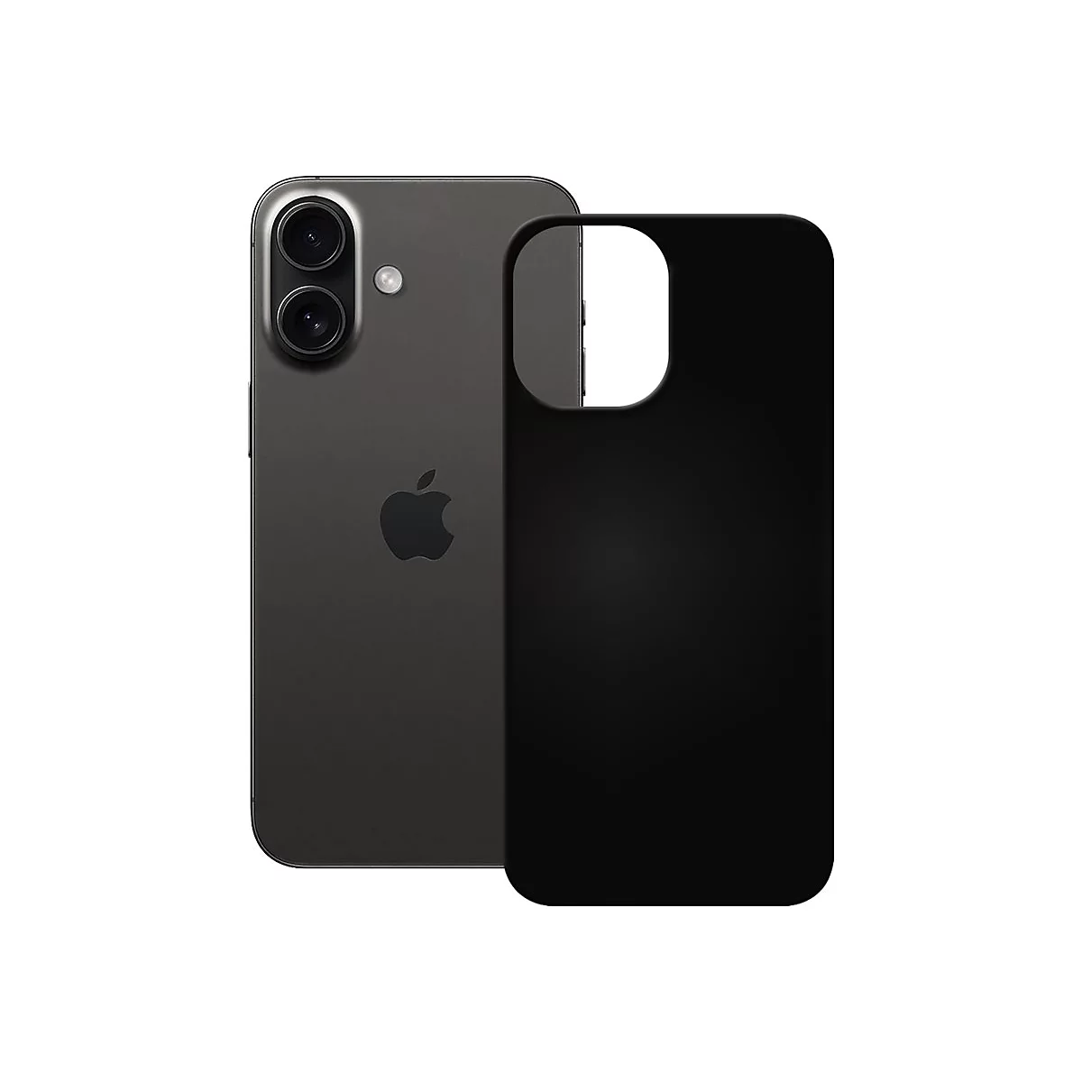 Rückseite eines dunkelgrauen iPhones neben einer schwarzen Handyhülle vor weißem Hintergrund.