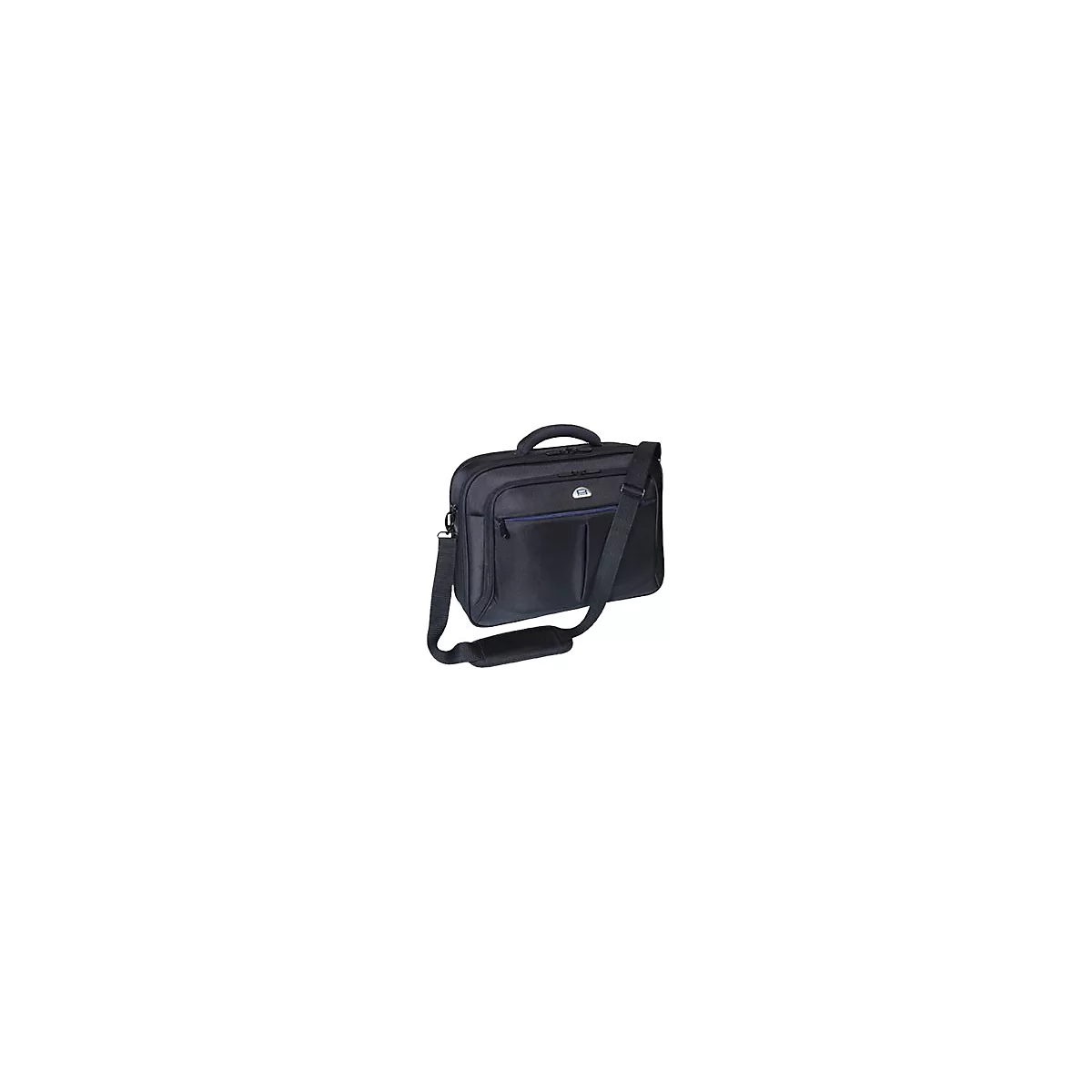 Schwarze Laptoptasche mit Tragegriff und Schulterriemen. Zwei Fronttaschen, silbernes Logo.