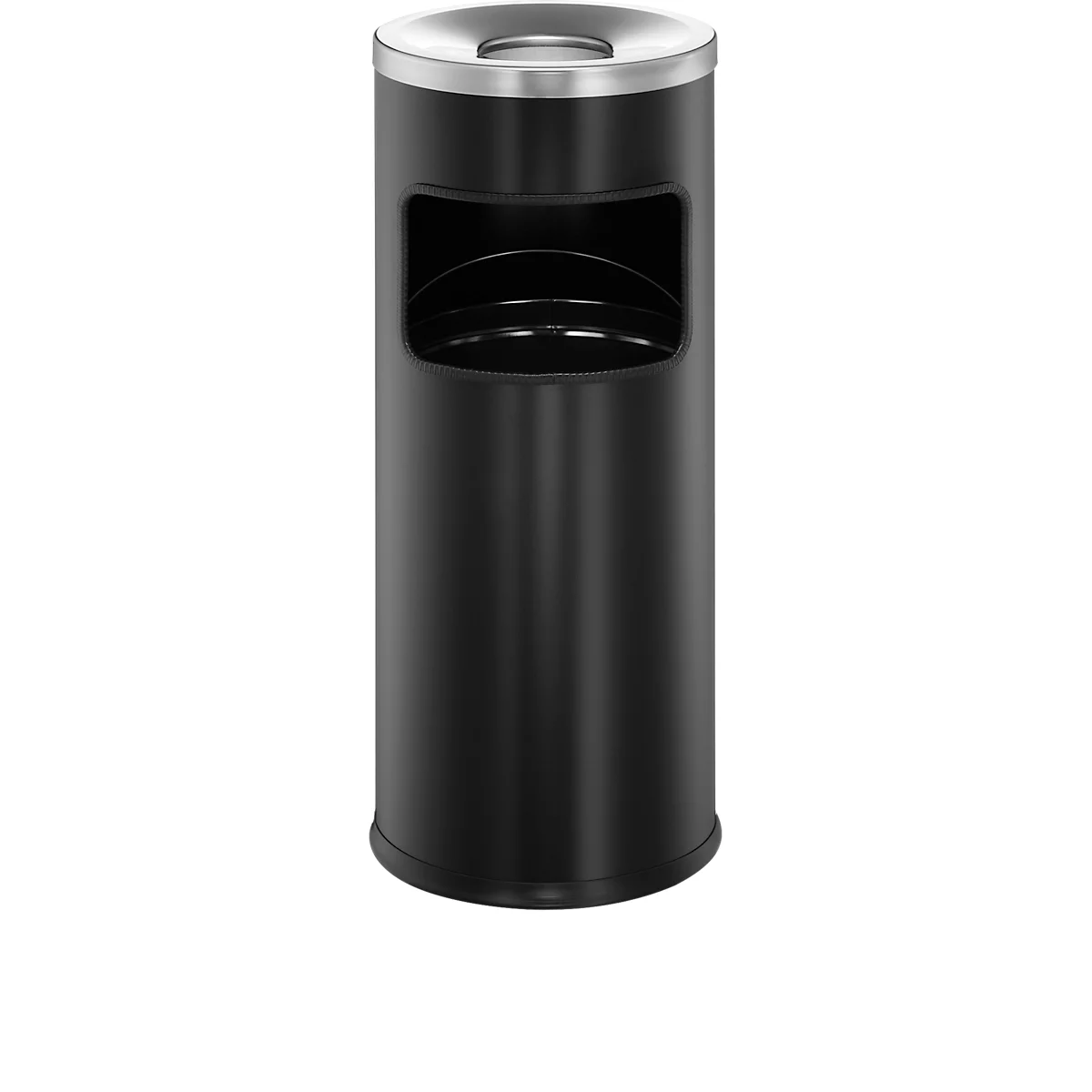 Black metal trash can with an opening. Lid and top edge are silver.