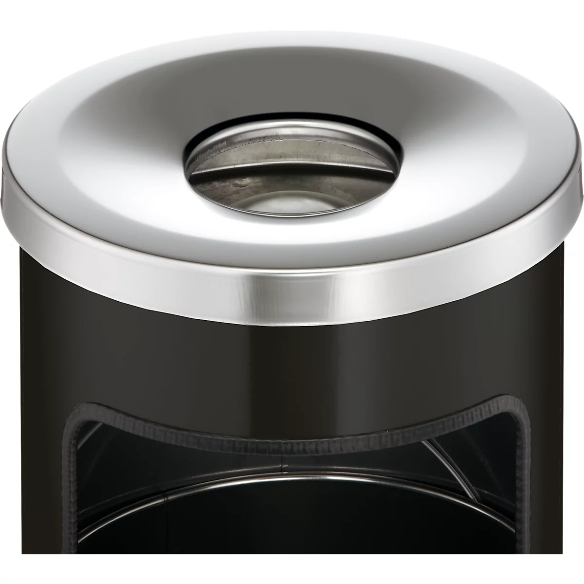 Close-up of a black trash can with a metal edge and opening.
