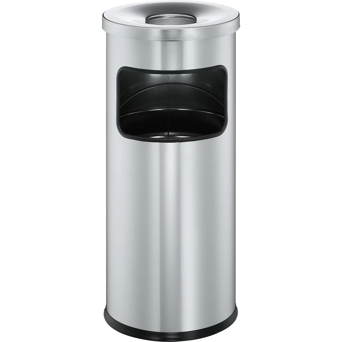A cylindrical, silver trash can with a rectangular opening and a round lid.