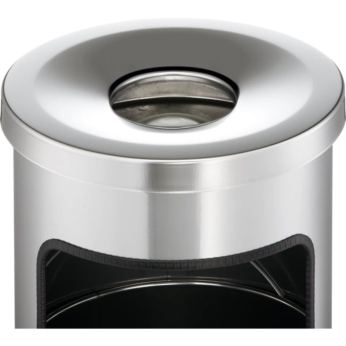 Close-up of a silver trash can with a circular opening and a rectangular opening on the side.