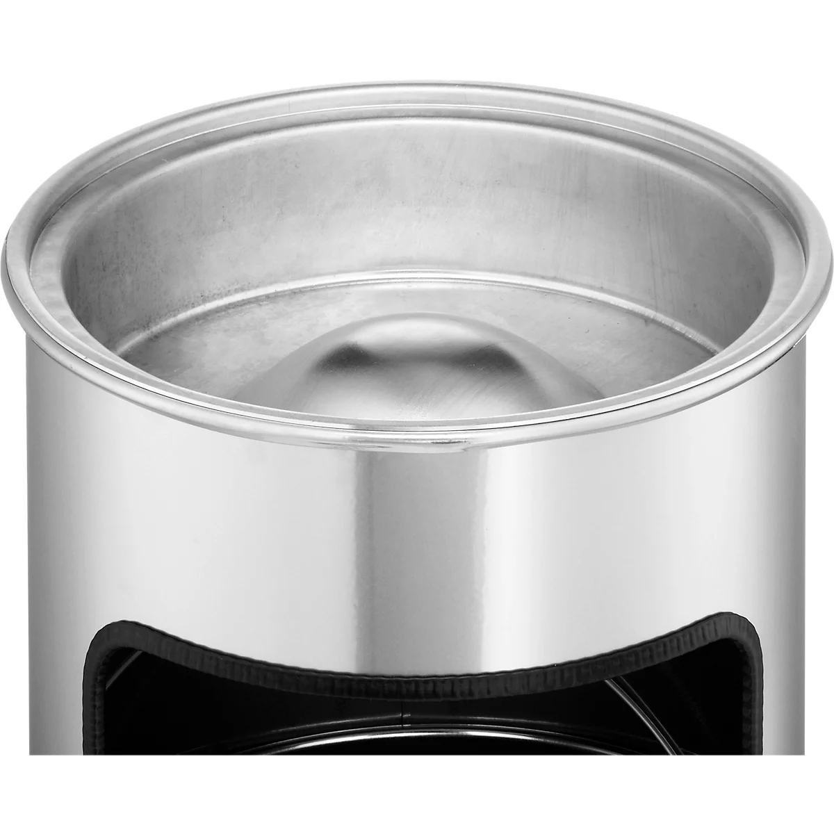 Close-up of a shiny, silver metal trash can with a black rim at the bottom.