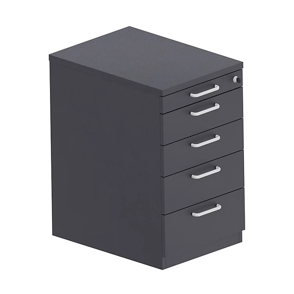 Dark grey pedestal with four drawers and silver handles, against a white background.