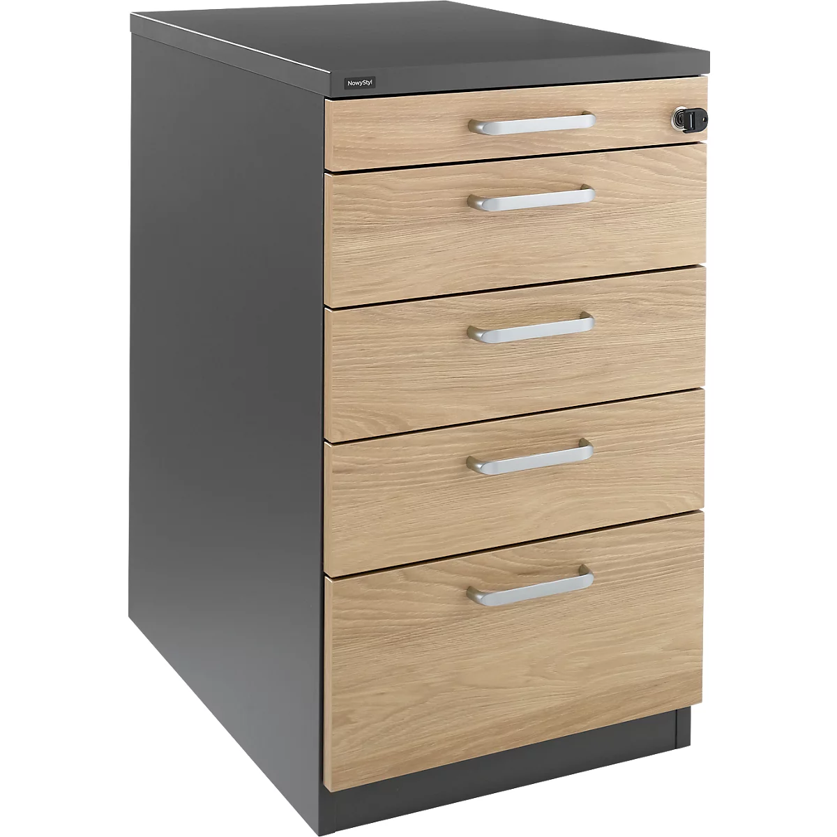 A gray filing cabinet with four drawers made of light wood and metal handles.