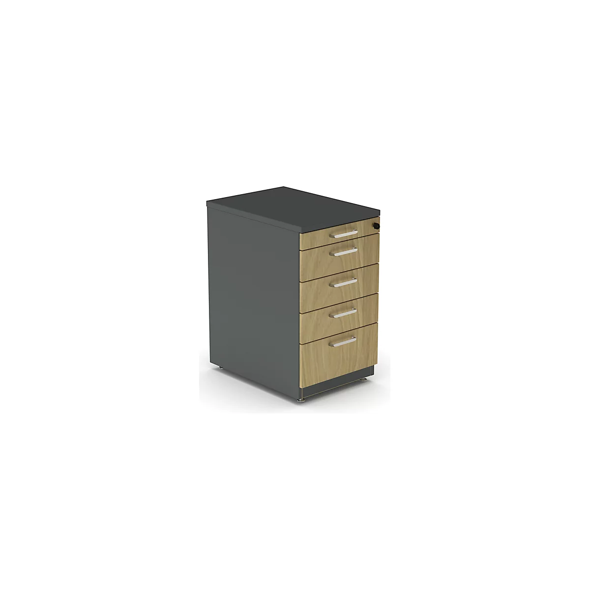 Gray, rectangular filing cabinet with four wooden drawers. It is gray on top and on the side.