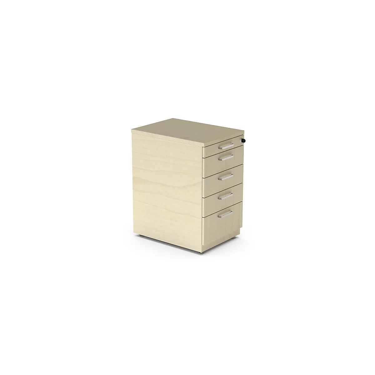 Beige mobile pedestal with four drawers and silver handles.