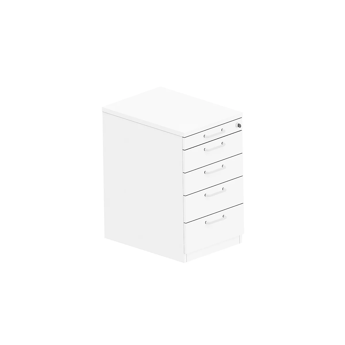 White pedestal with four drawers and a lock.