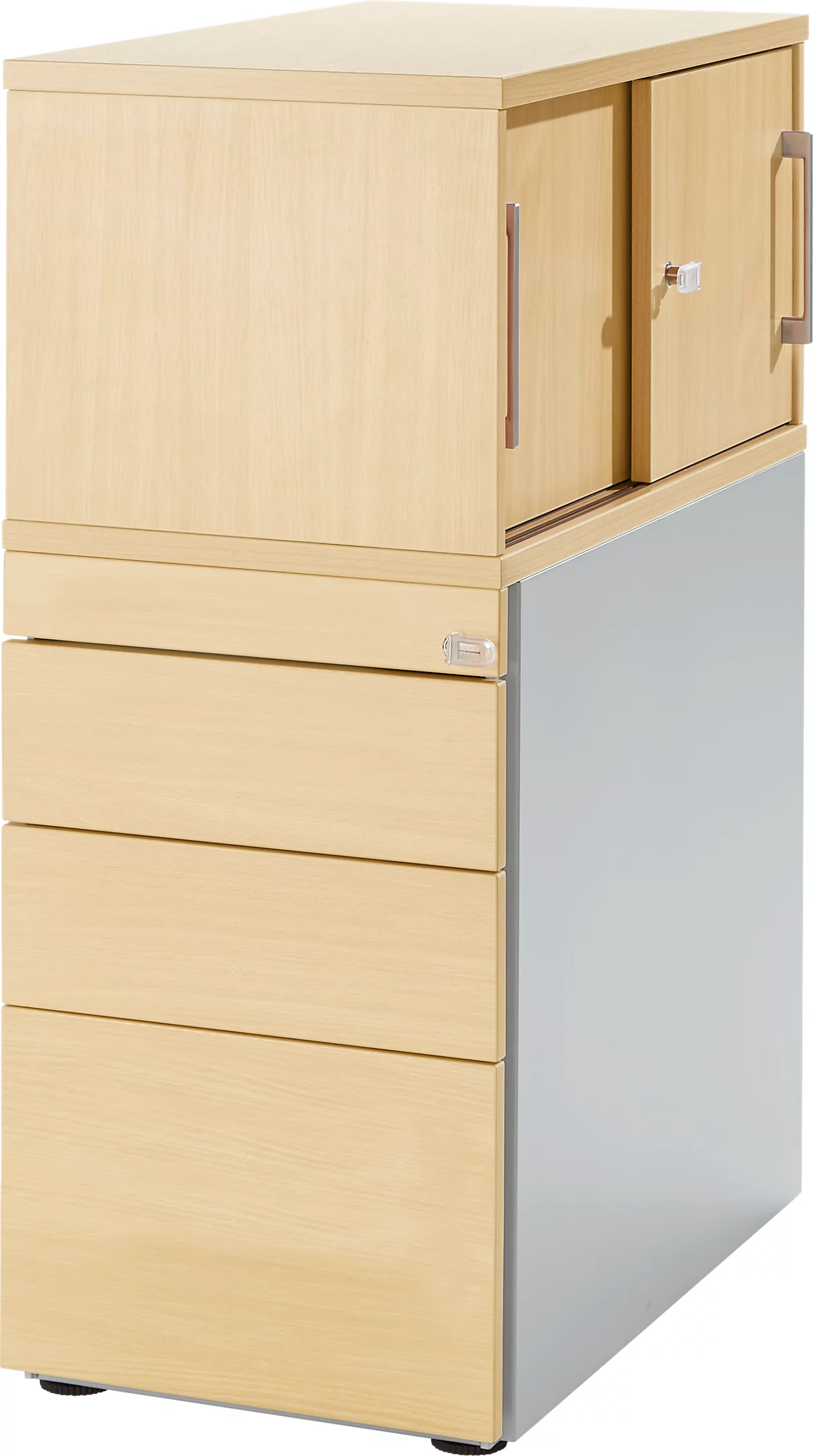 Pedestal Genius de Schäfer Shop con armario adicional incl. puerta corredera, con cierre completo, ranura lateral para manilla, arce