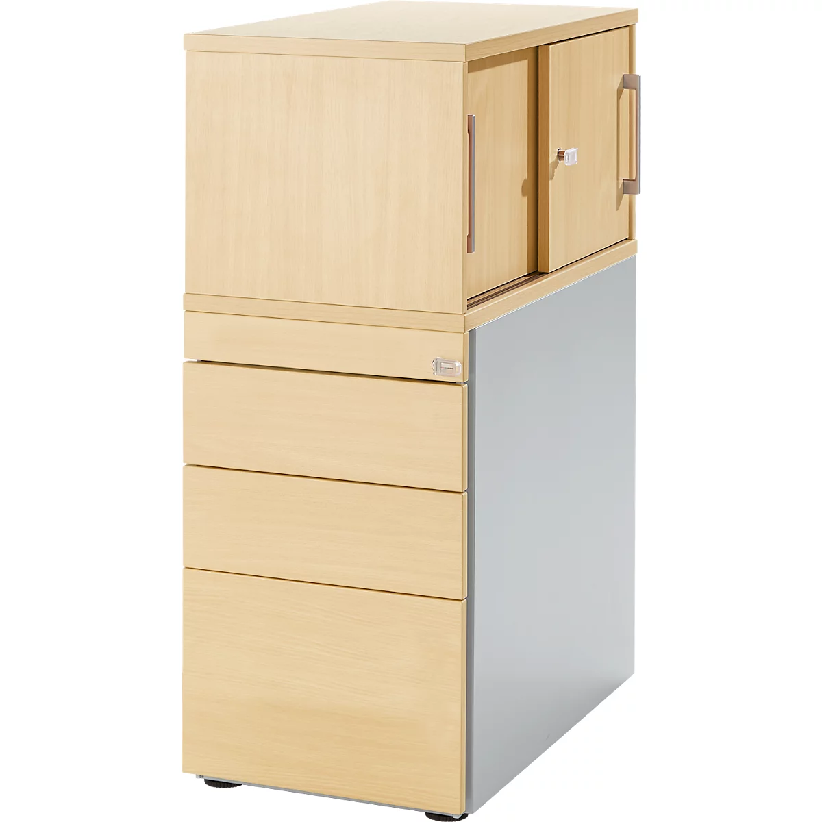 Pedestal Genius de Schäfer Shop con armario adicional incl. puerta corredera, con cierre completo, ranura lateral para manilla, arce