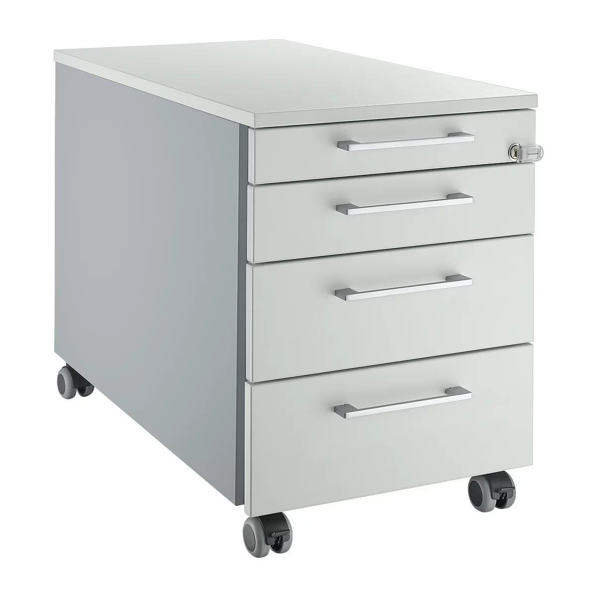 Pedestal móvil Schäfer Shop Genius 1233, asas angulares, ancho 435 x alto 577 mm, aluminio blanco/gris claro/gris claro 