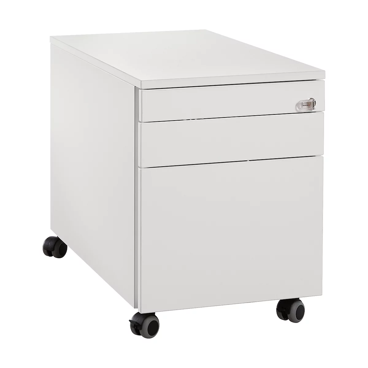 Pedestal móvil Schäfer Shop Genius 126, 1 cajón, 1 cajón para utensilios, 1 cajón para carpetas colgantes, cierre centralizado, ranura para asas en el lateral, A 435 x P 765 x A 577 mm, blanco/blanco