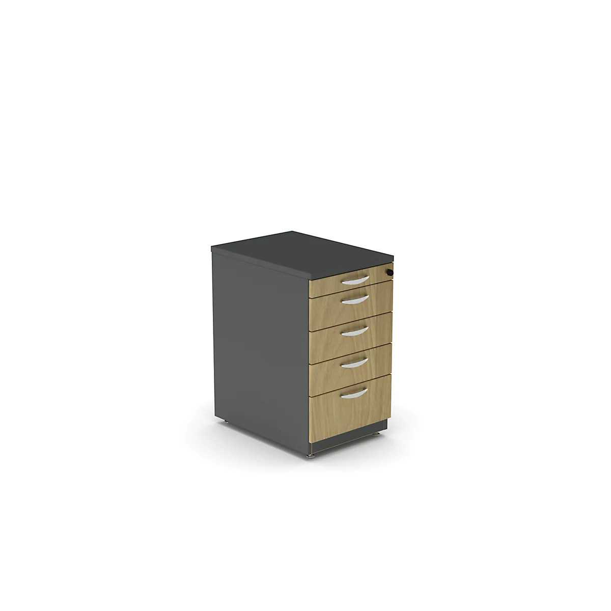 A gray, rolling file cabinet with four drawers made of light wood, silver handles, and a black top.