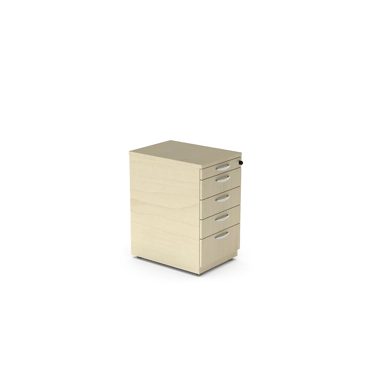 Beige mobile pedestal with four drawers and silver handles on white background.