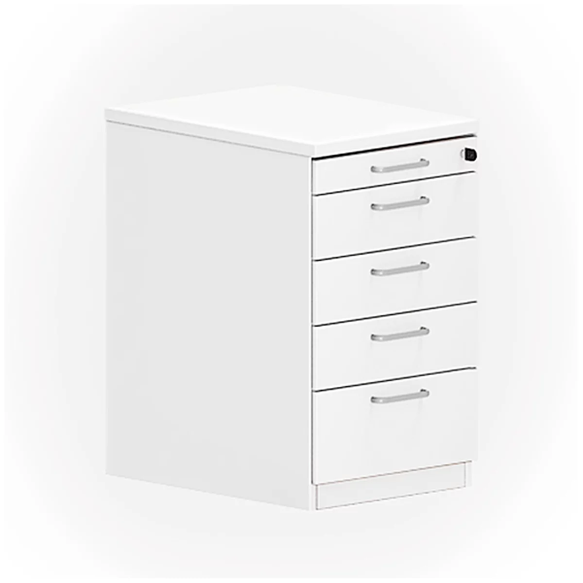 White pedestal with five drawers and silver handles against a white background.