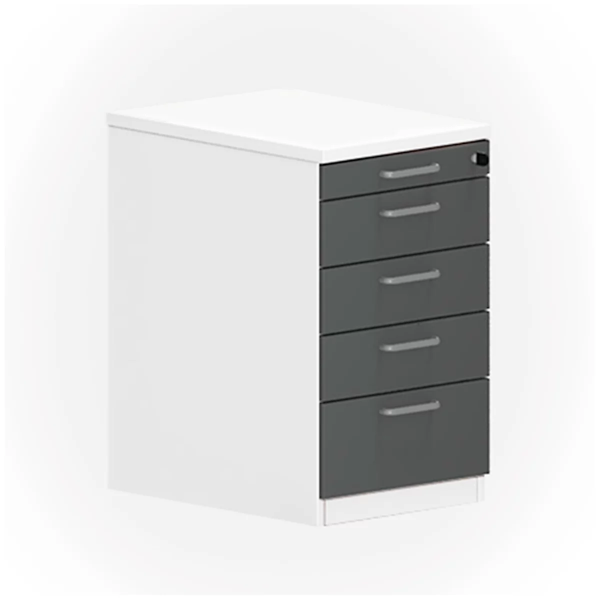 A white mobile pedestal with four gray drawers and silver handles. There is a lock on top.