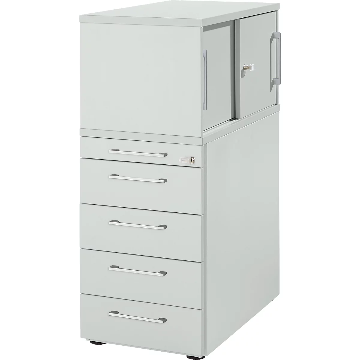 Pedestal Schäfer Shop Genius con armario superior incl. puerta corredera, completamente bloqueable, asa angular, gris claro