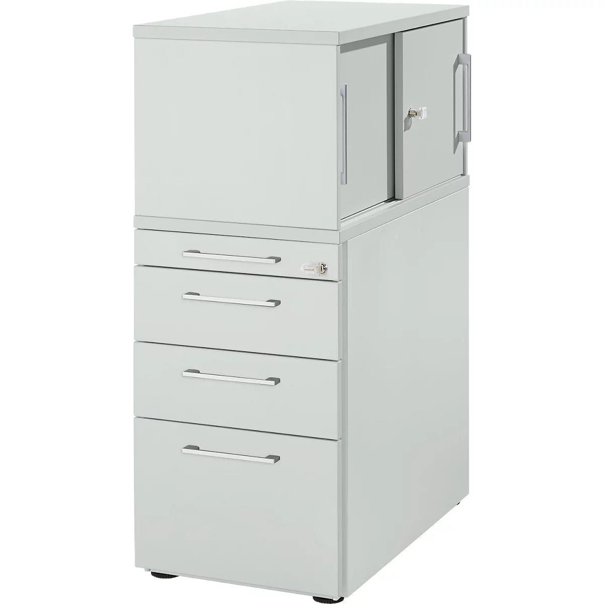 Pedestal Schäfer Shop Genius con armario superior incl. puerta corredera, completamente bloqueable, asa angular, gris claro