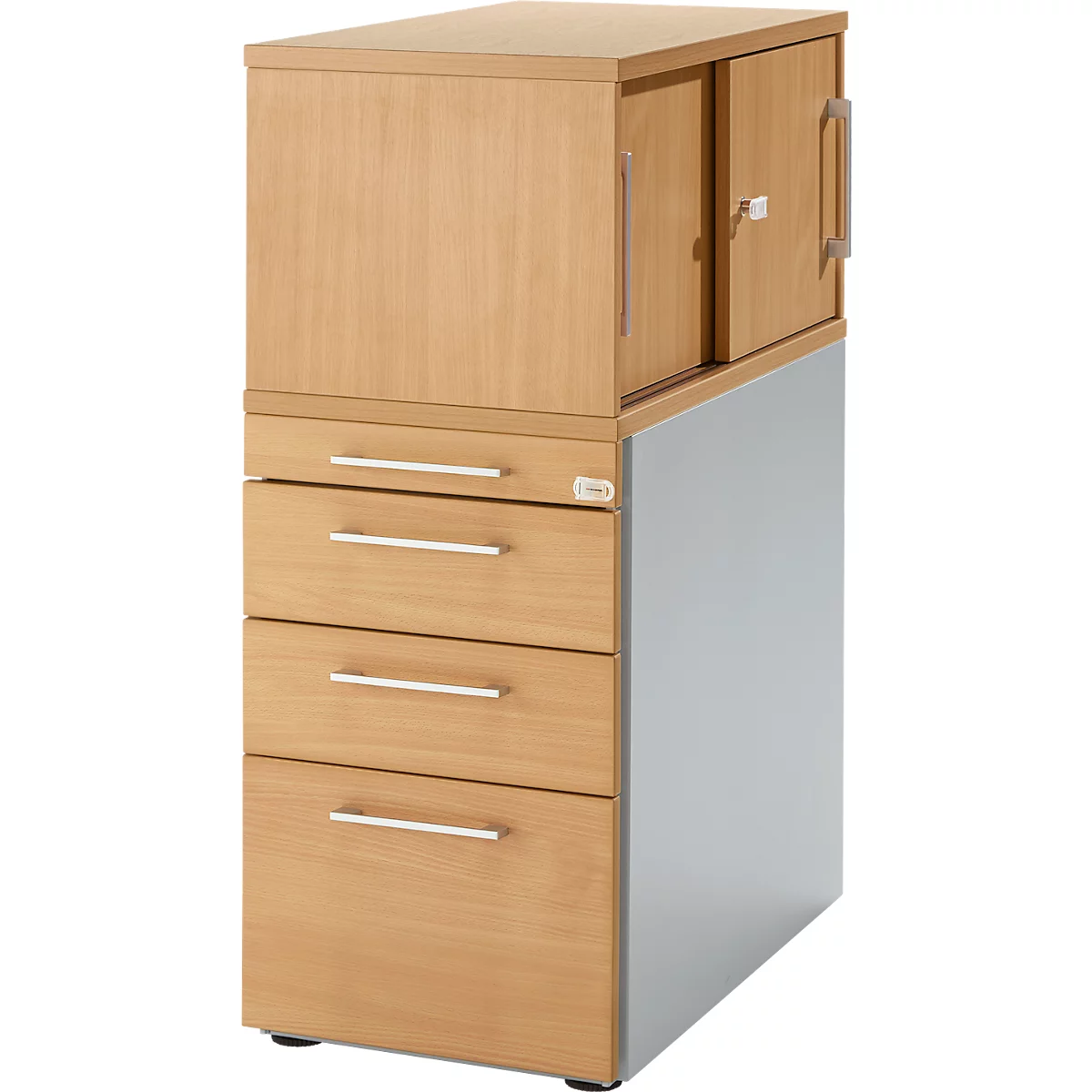 Pedestal Schäfer Shop Genius con armario superior incl. puerta corredera, completamente bloqueable, asa angular, haya