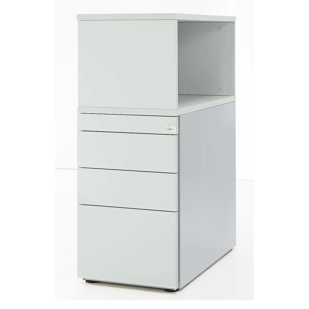 Pedestal Schäfer Shop Genius con estante superior, con cerradura, ranura de asa lateral, gris claro