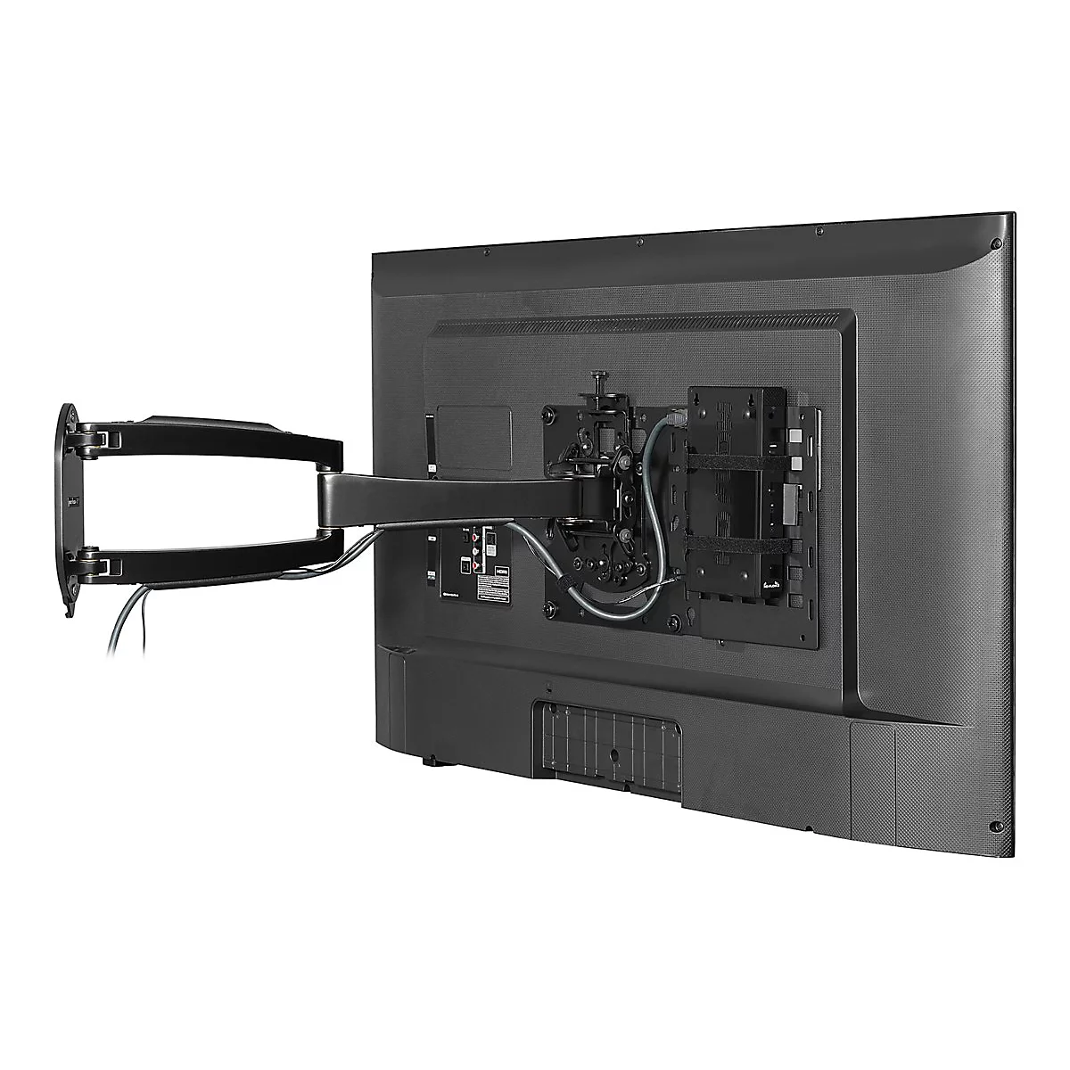 Rückseite eines Fernsehers mit Wandhalterung. Schwarze Halterung mit Kabeln, TV-Anschlüssen und strukturiertem Gehäuse.