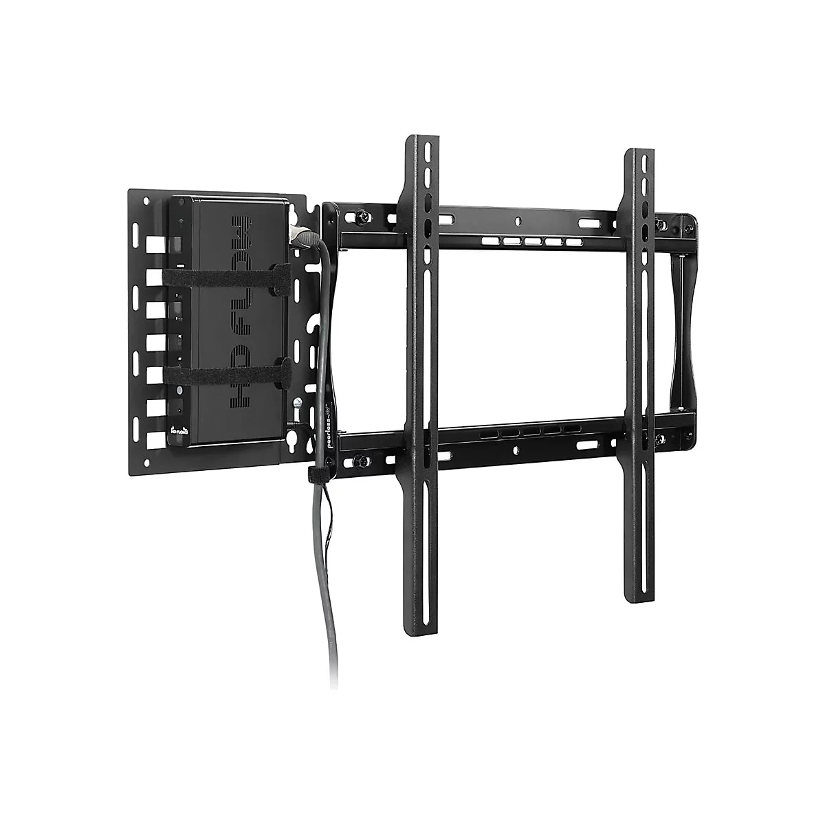 Schwarze TV-Halterung an der Wand, mit Komponenten. Das Gerät trägt den Schriftzug „HDFX“.