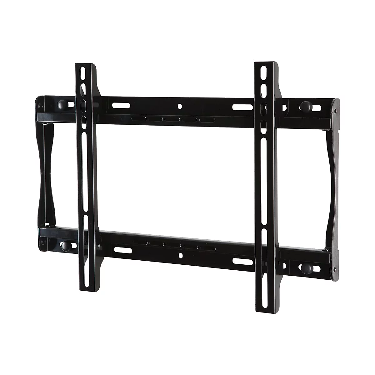 Schwarze TV-Halterung vor weißem Hintergrund, mit horizontalen und vertikalen Metallstangen.