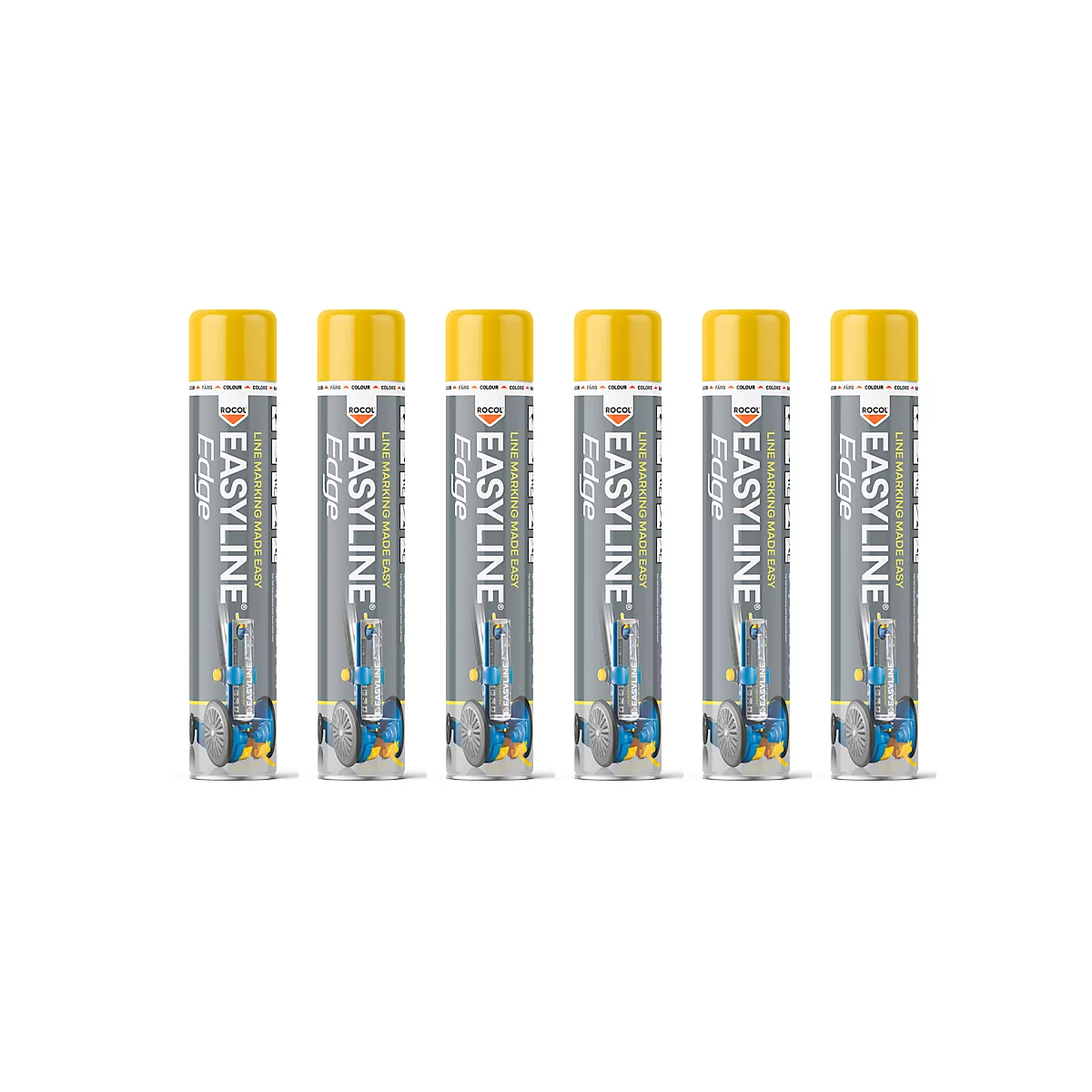 Six bombes de peinture côte à côte. Couvercle jaune, bombe grise avec inscription blanche : EASYLINE Edge.