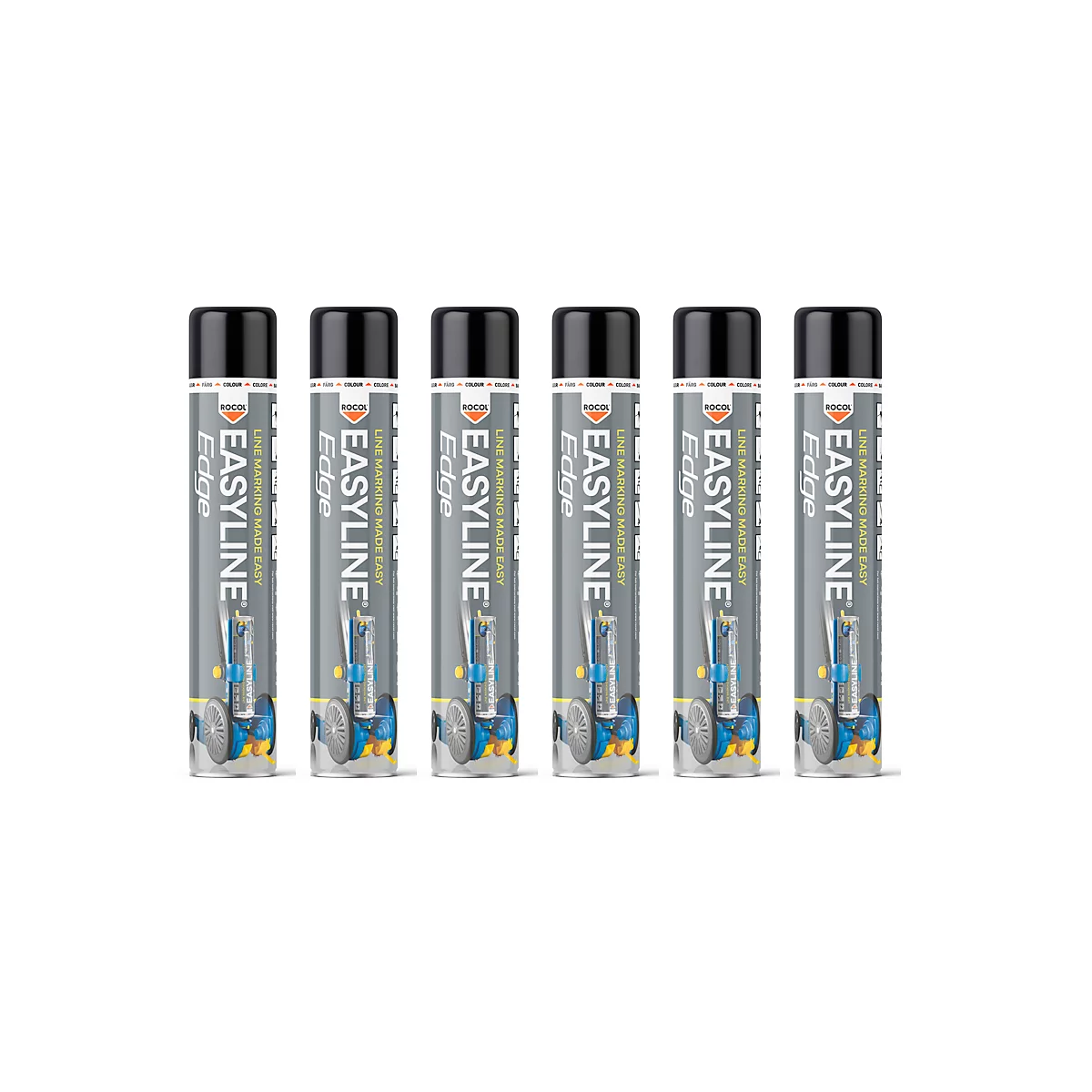 Six bombes de peinture EASYLINE Edge, noir-gris-bleu, sur fond blanc. Inscription : Line marking made easy.