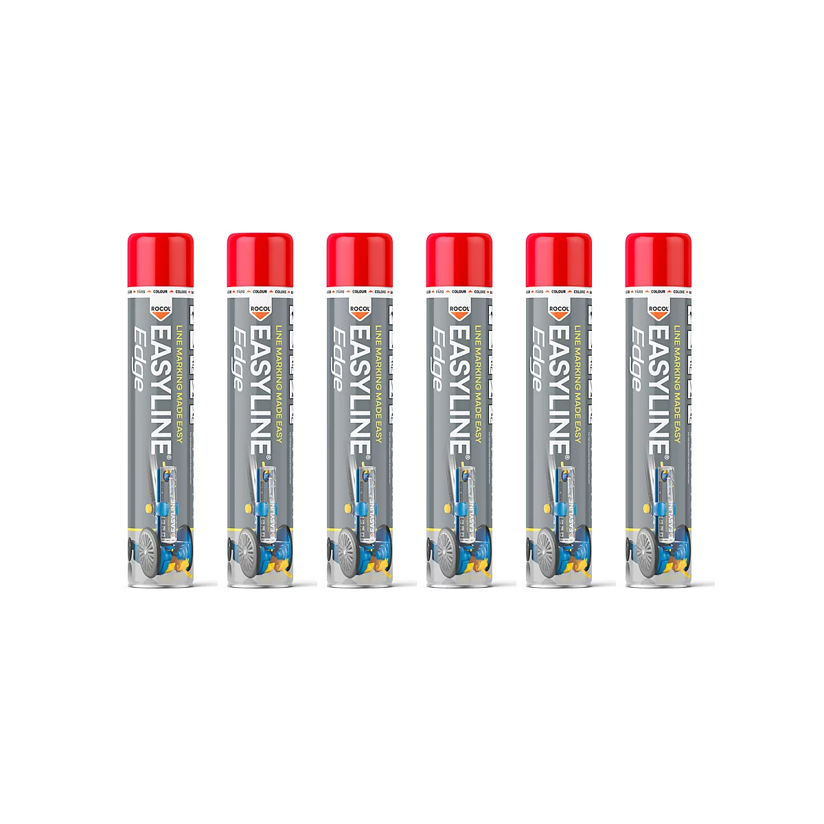 Six vaporisateurs EASYLINE Edge, rouge-gris, sur fond blanc. Sur chaque boîte on peut lire "LINE MARKING MADE EASY" et "EASYLINE Edge."