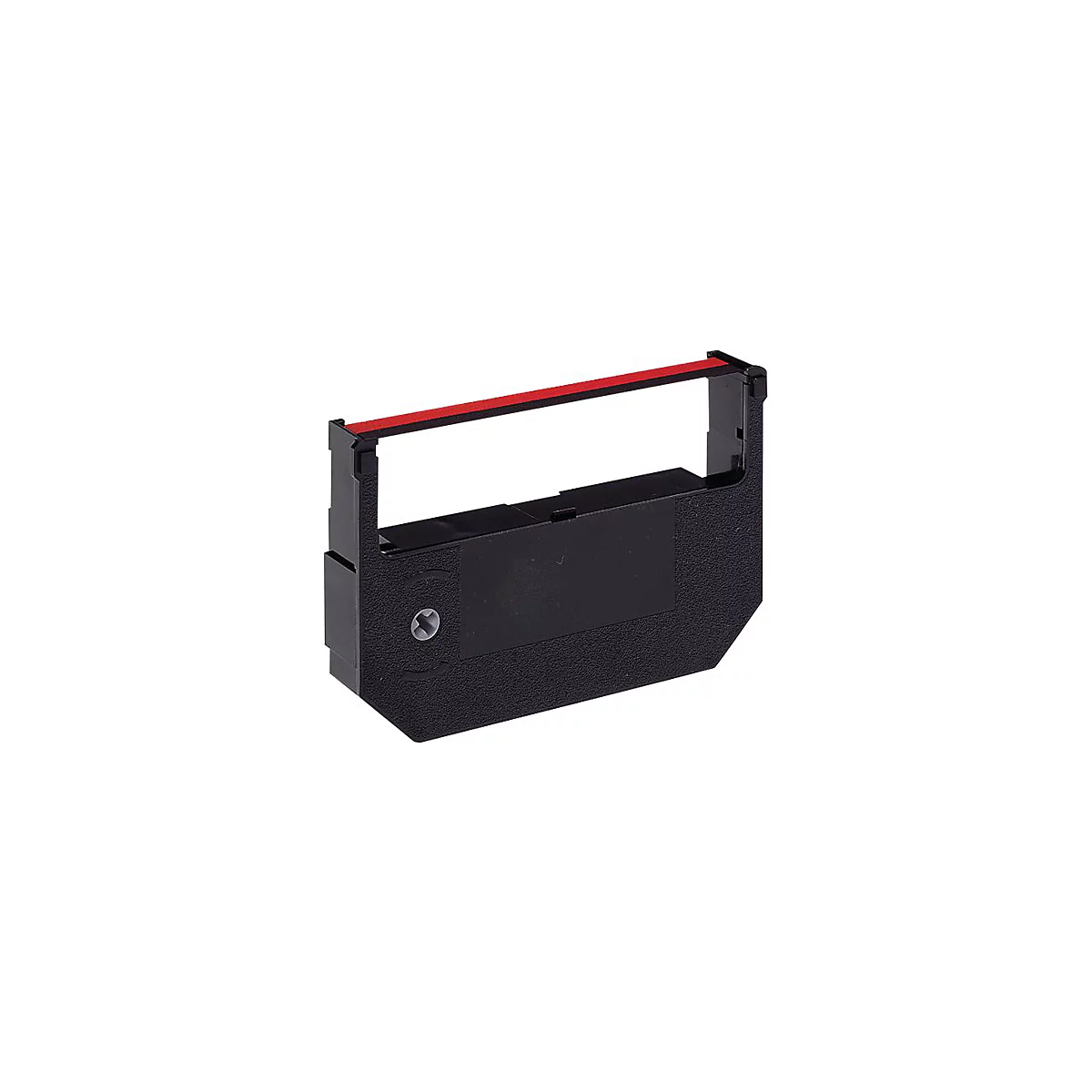 Schwarze Farbbandpatrone mit roter Farbspur. Ein grauer Knopf ist an der Seite angebracht.