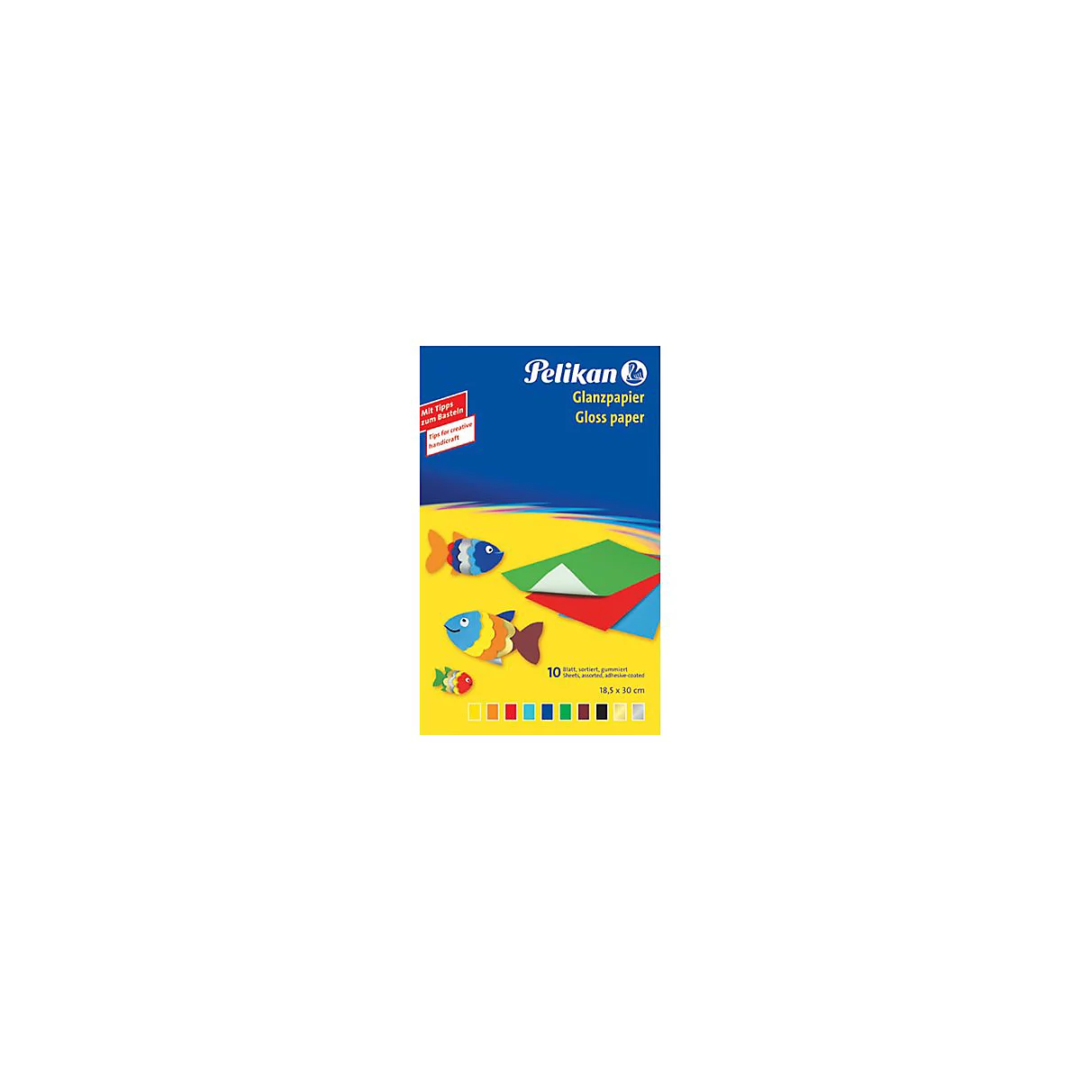 Pelikan Glanzpapier-Packung mit 10 sortierten, gummierten Blättern und Bastelbeispielen von Fischen.