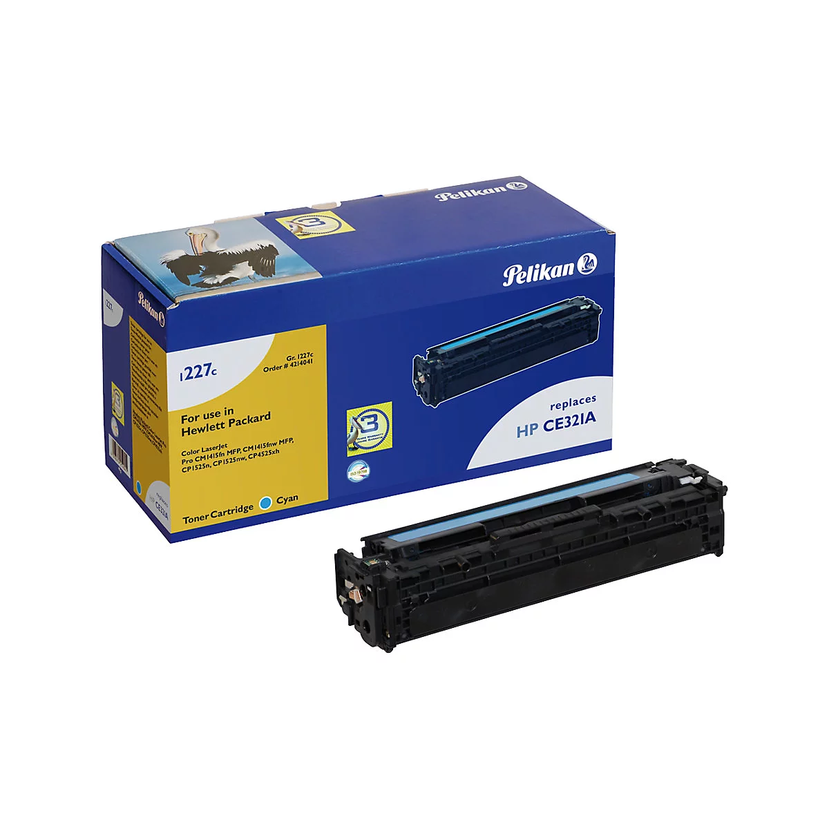 Blau-schwarze Tonerkartusche und Verpackung. Aufschrift: Pelikan, i227c, HP CE321A.