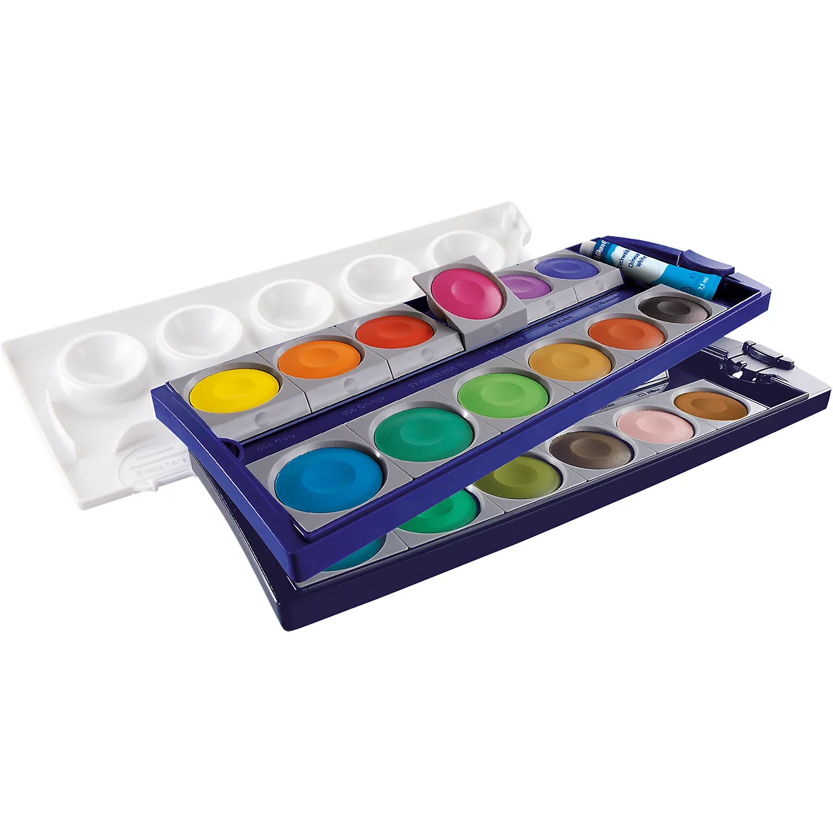 Ein blauer Farbkasten mit vielen bunten Aquarellfarben und einer weißen Mischpalette auf weißem Hintergrund.