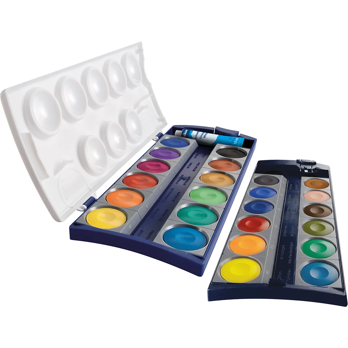 Zwei offene Aquarell-Farbmalkästen mit vielen bunten, runden Farbnäpfchen auf weißem Hintergrund.
