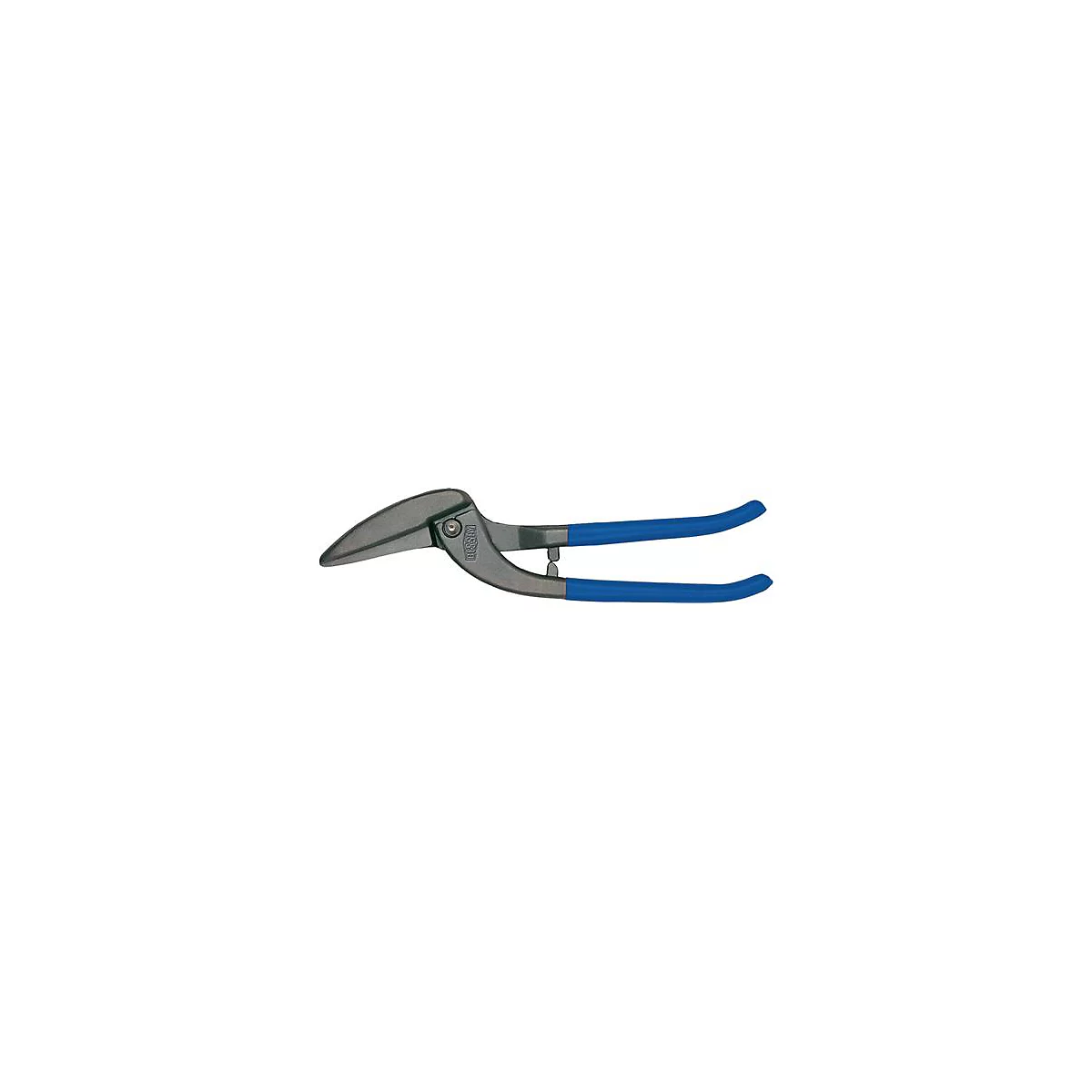 Metalen schaar met grijze bladen en blauwe handvatten.