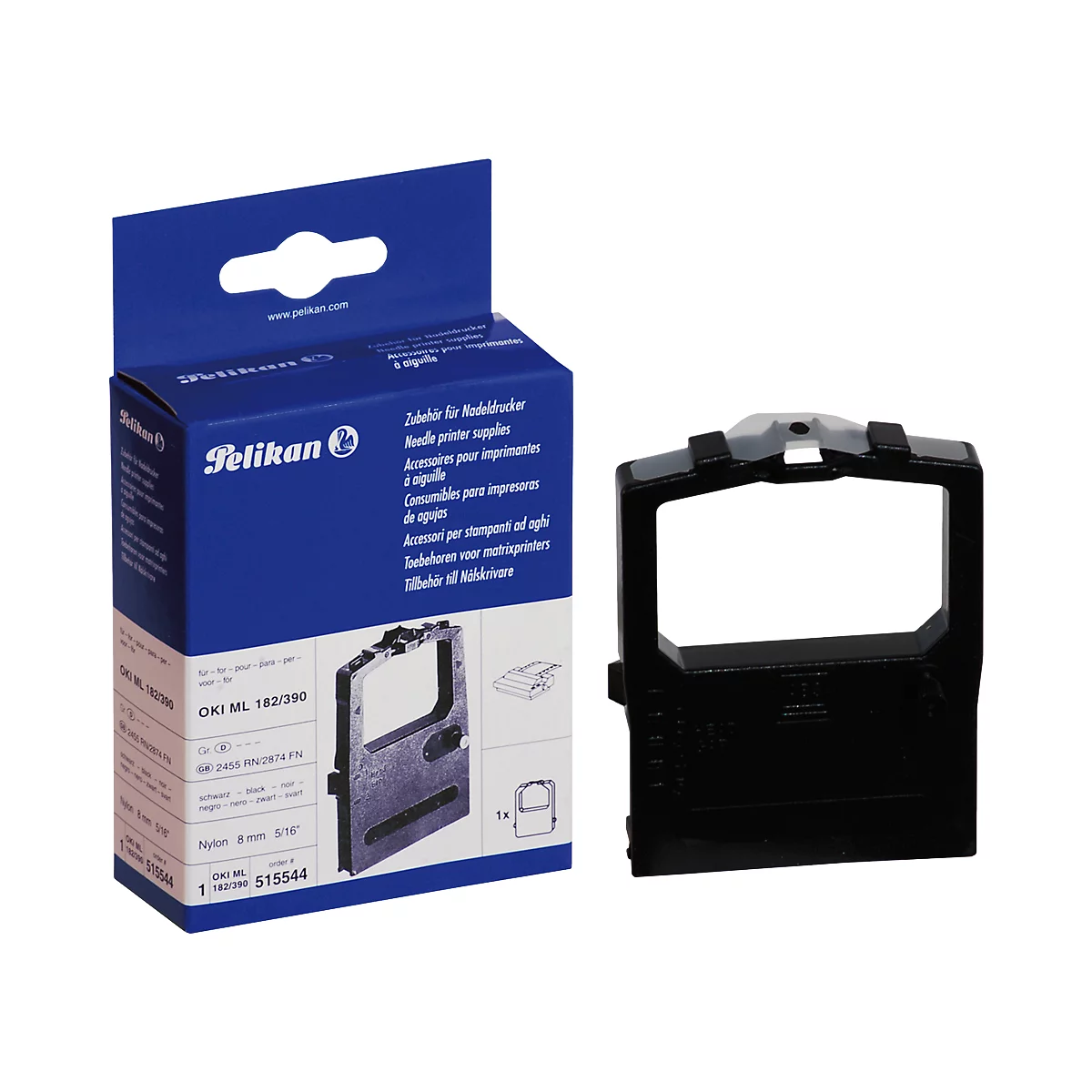 A black ink ribbon cartridge and the Pelikan packaging, with product information.