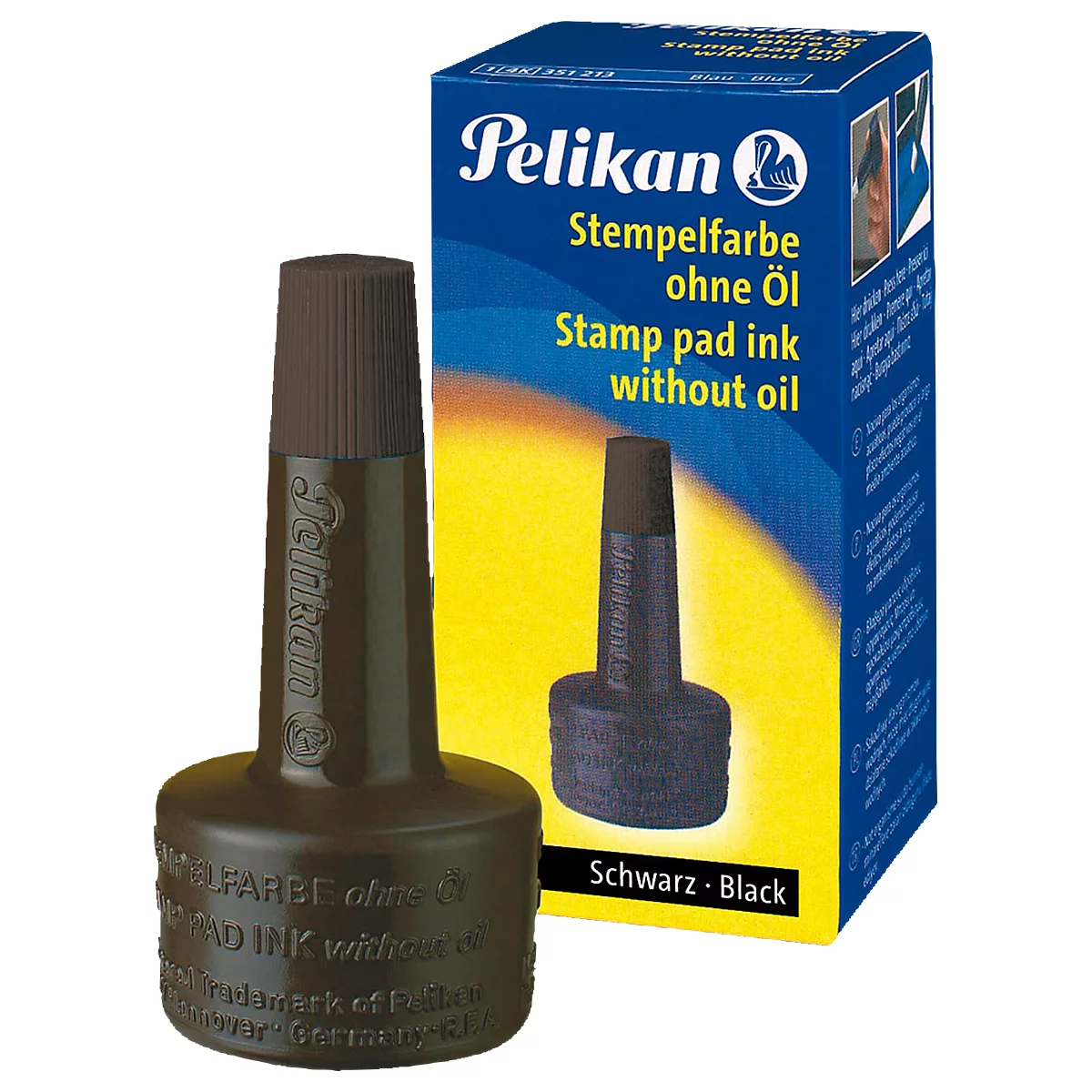 Black stamp pad ink bottle from Pelikan, with box. Text: Stamp pad ink without oil, Schwarz-Black.