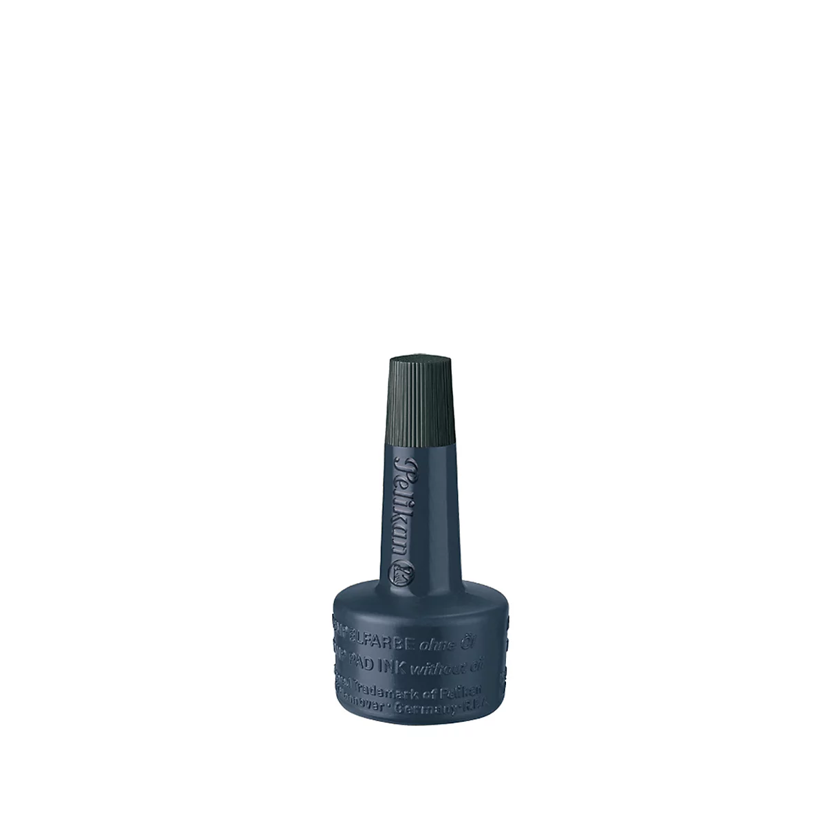 Dark blue stamp ink bottle, with black lid and text.