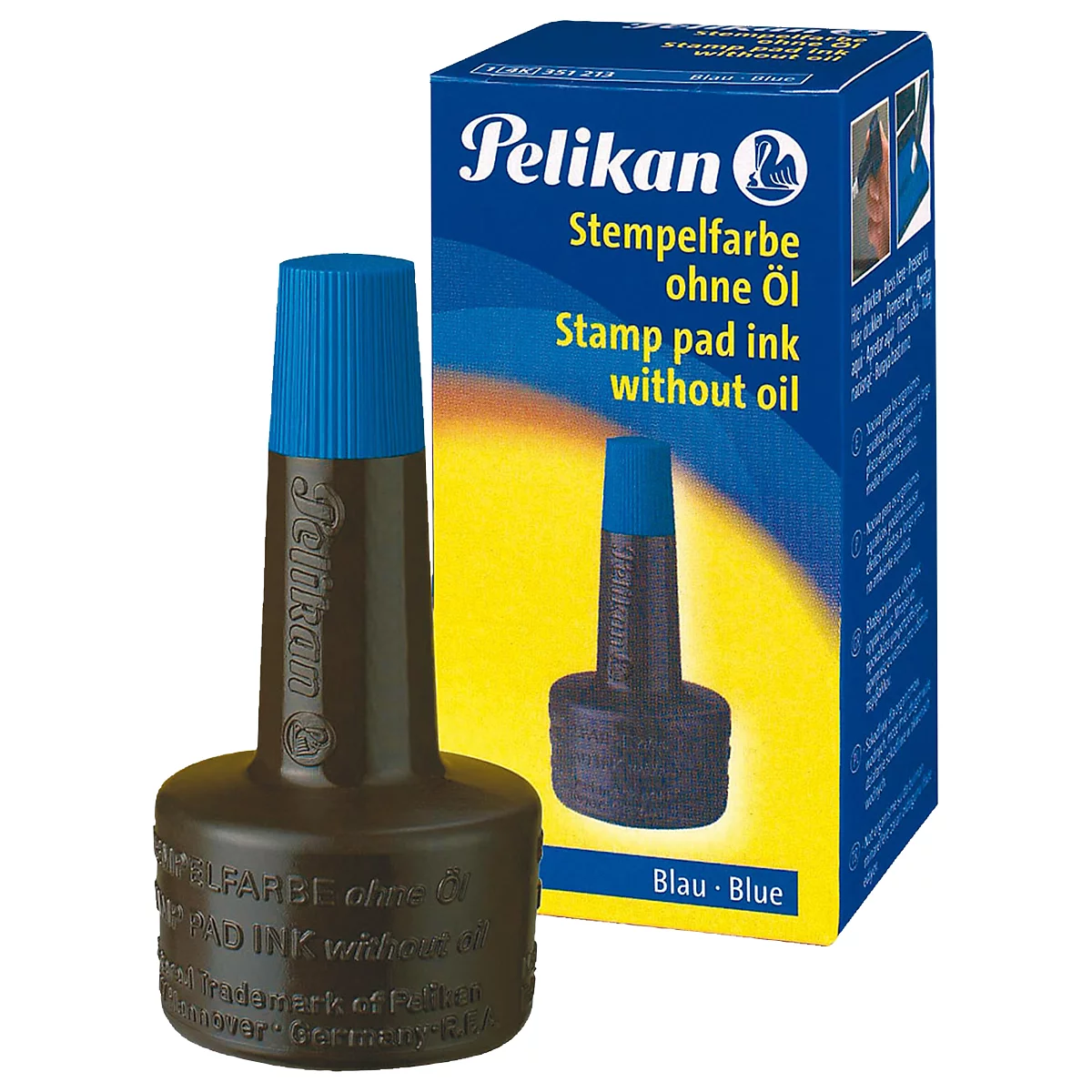 Blue Pelikan stamp pad ink bottle and packaging. Inscription: Stamp pad ink without oil, Blau-Blue.