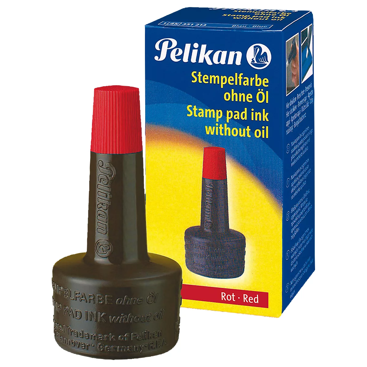A bottle of Pelikan stamp pad ink with a red lid and packaging.
