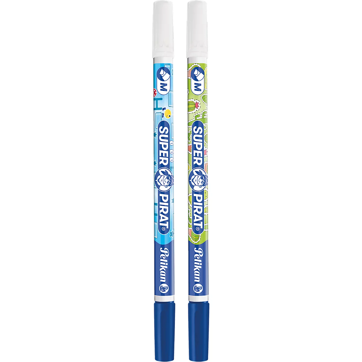 Zwei Pelikan Super Pirat Tintenlöscher mit blauen und grünen Motivschaften und weißer Verschlusskappe.