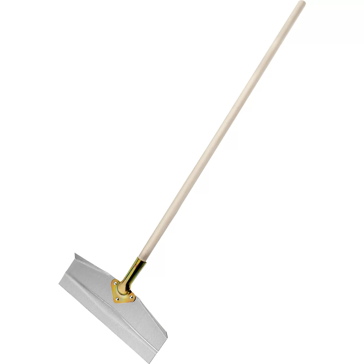 Un outil de distribution de matériaux. Il a un manche en bois clair, une tête en métal argenté et une connexion en métal doré.