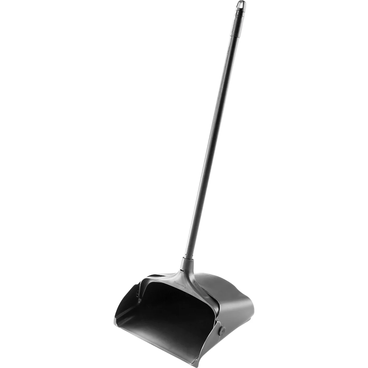 Pelle à poussière noire avec un long manche, légèrement inclinée.