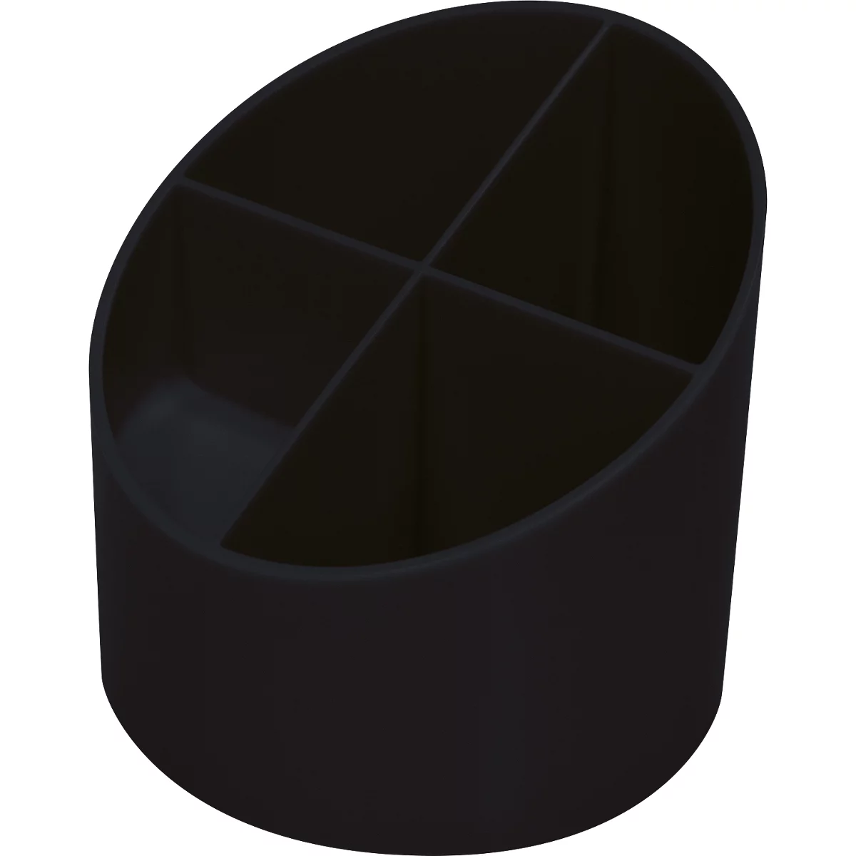 Black pen holder with four compartments, diagonal cut.