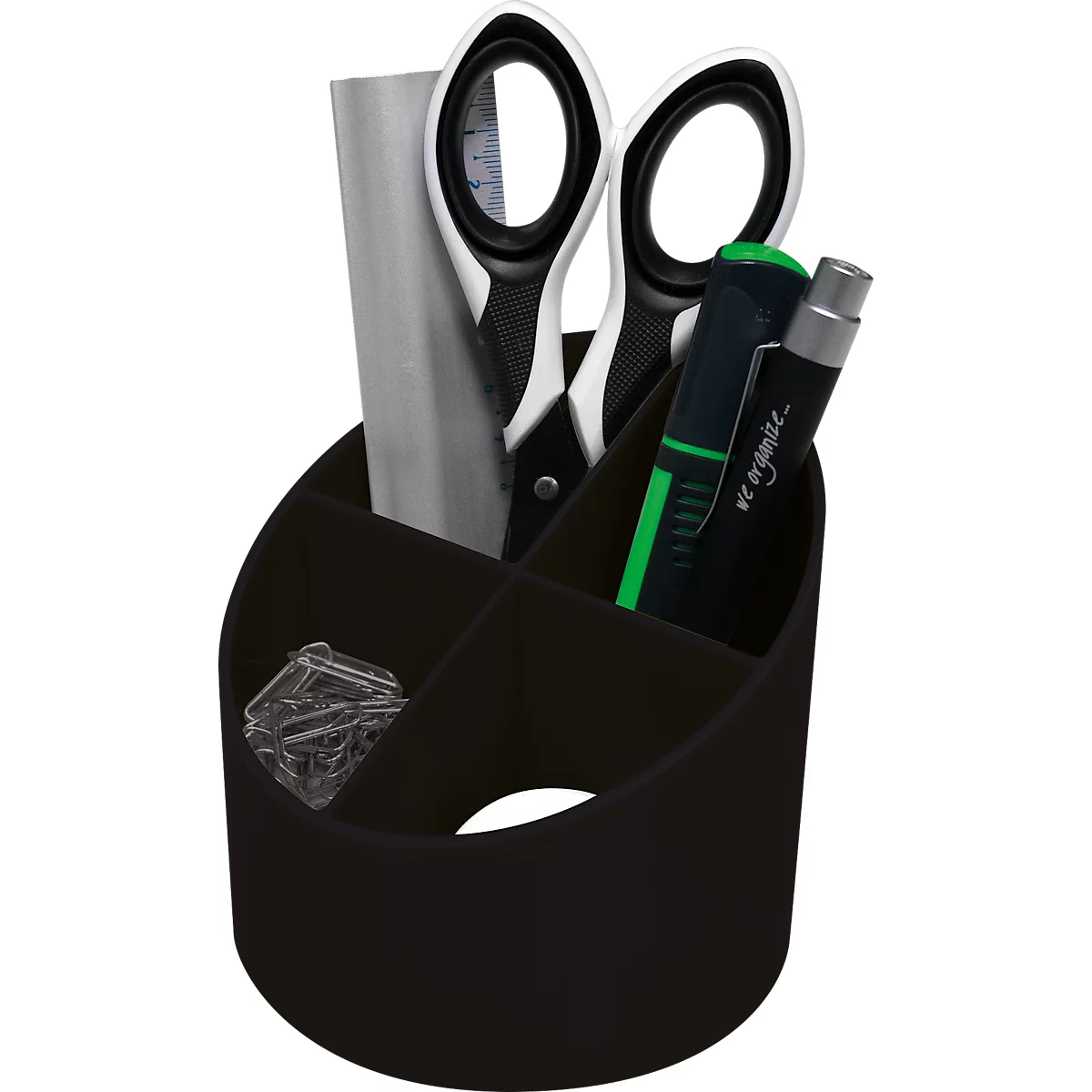 Black pen holder with scissors, ruler, pens and paper clips.
