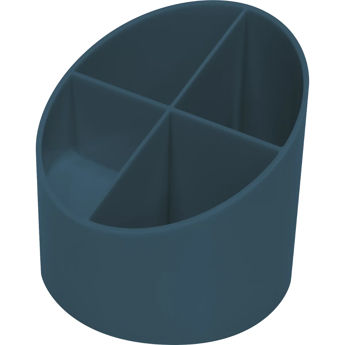 Blue pen holder with four compartments. The edge is beveled.