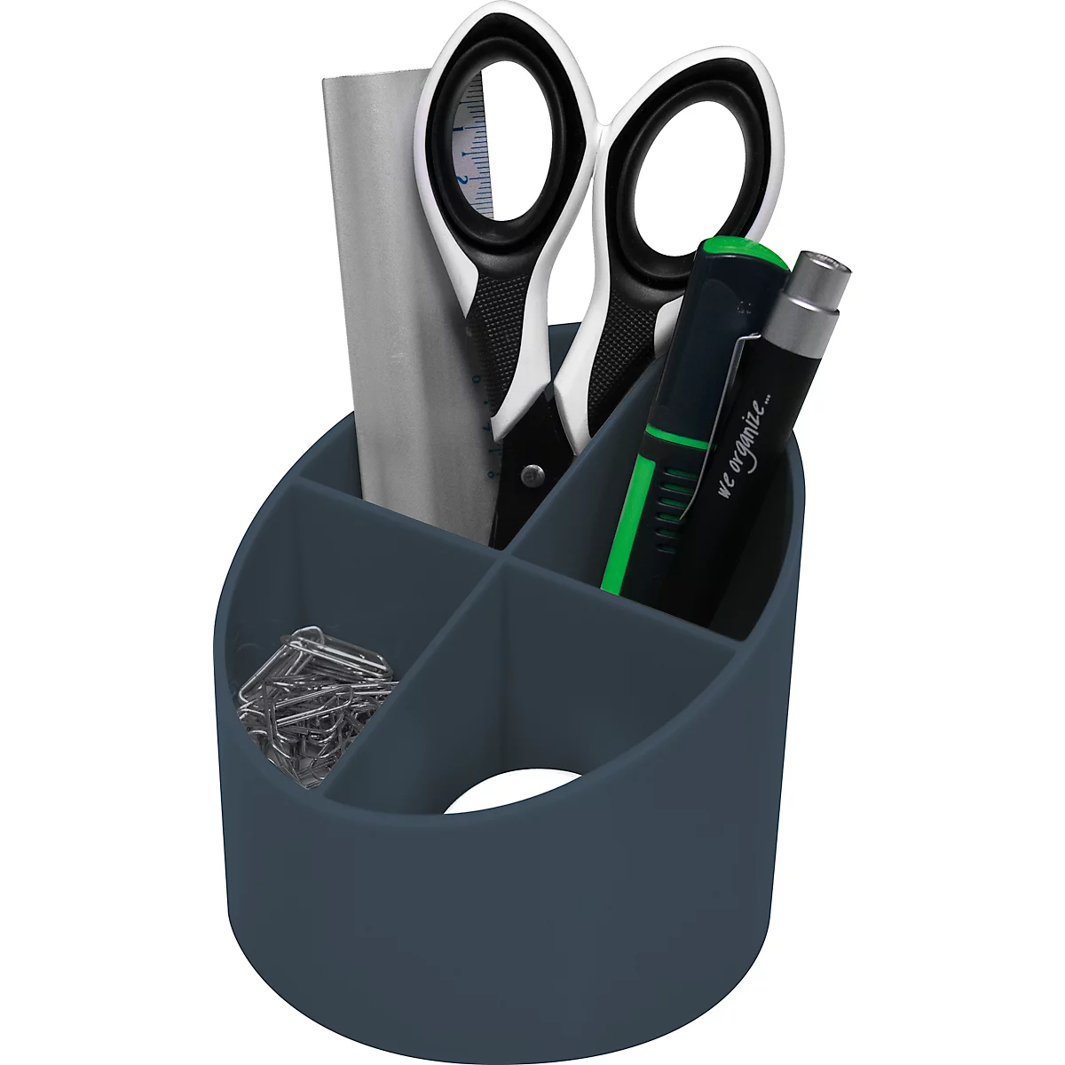 Dark blue pen holder with scissors, pens, ruler and paper clips.