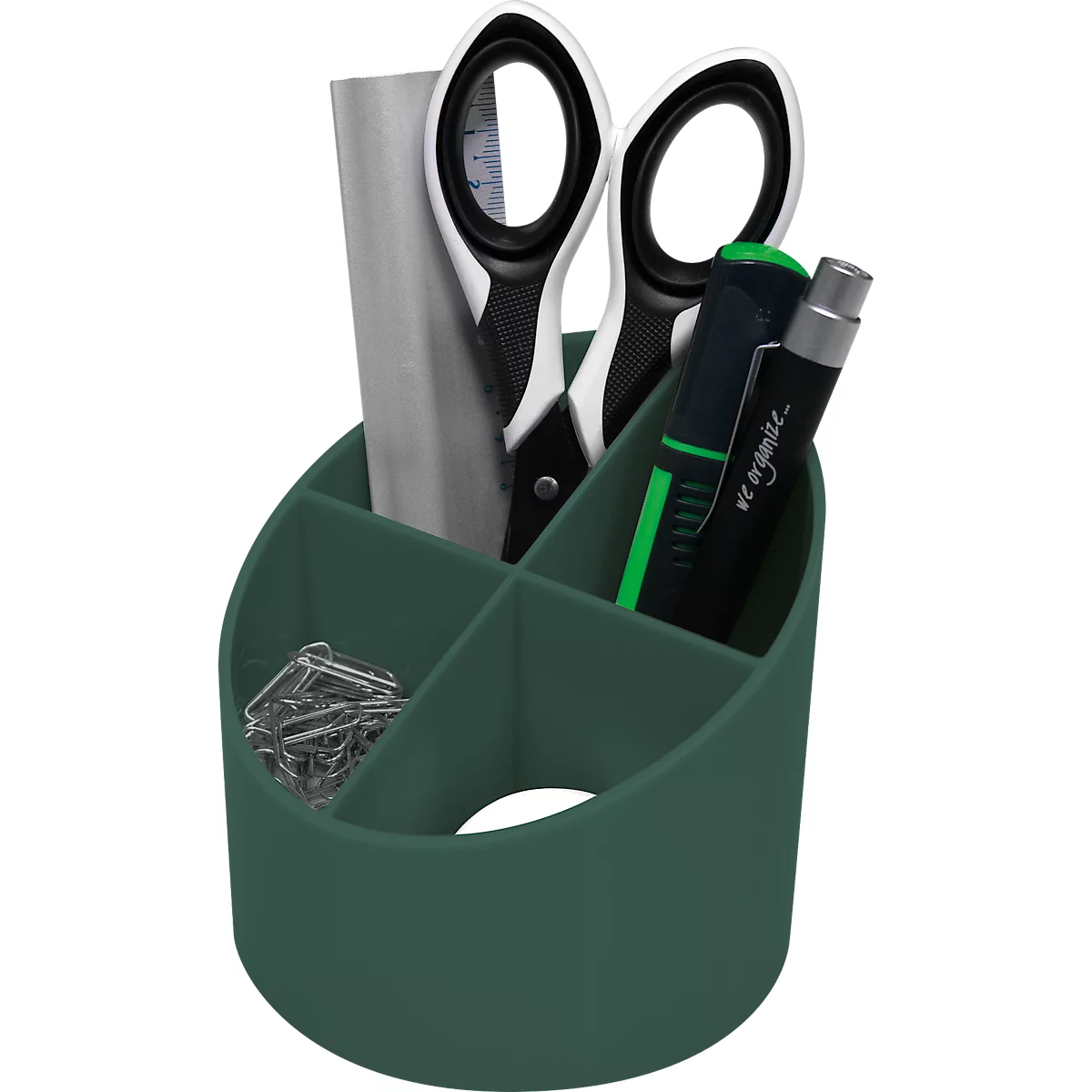 Green pen holder with scissors, pens, paper, and paperclips.